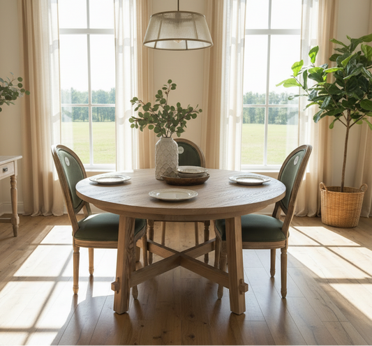 Dining room with a wooden table and chairs, plants, and large windows.