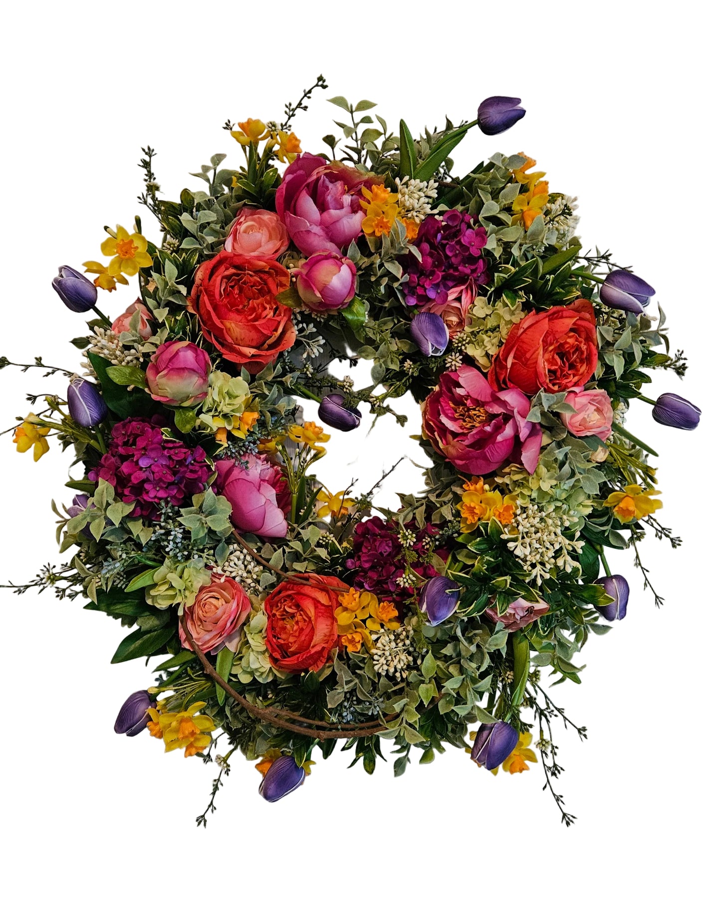 24" Colorful Wreath with Fuchsia Peonies