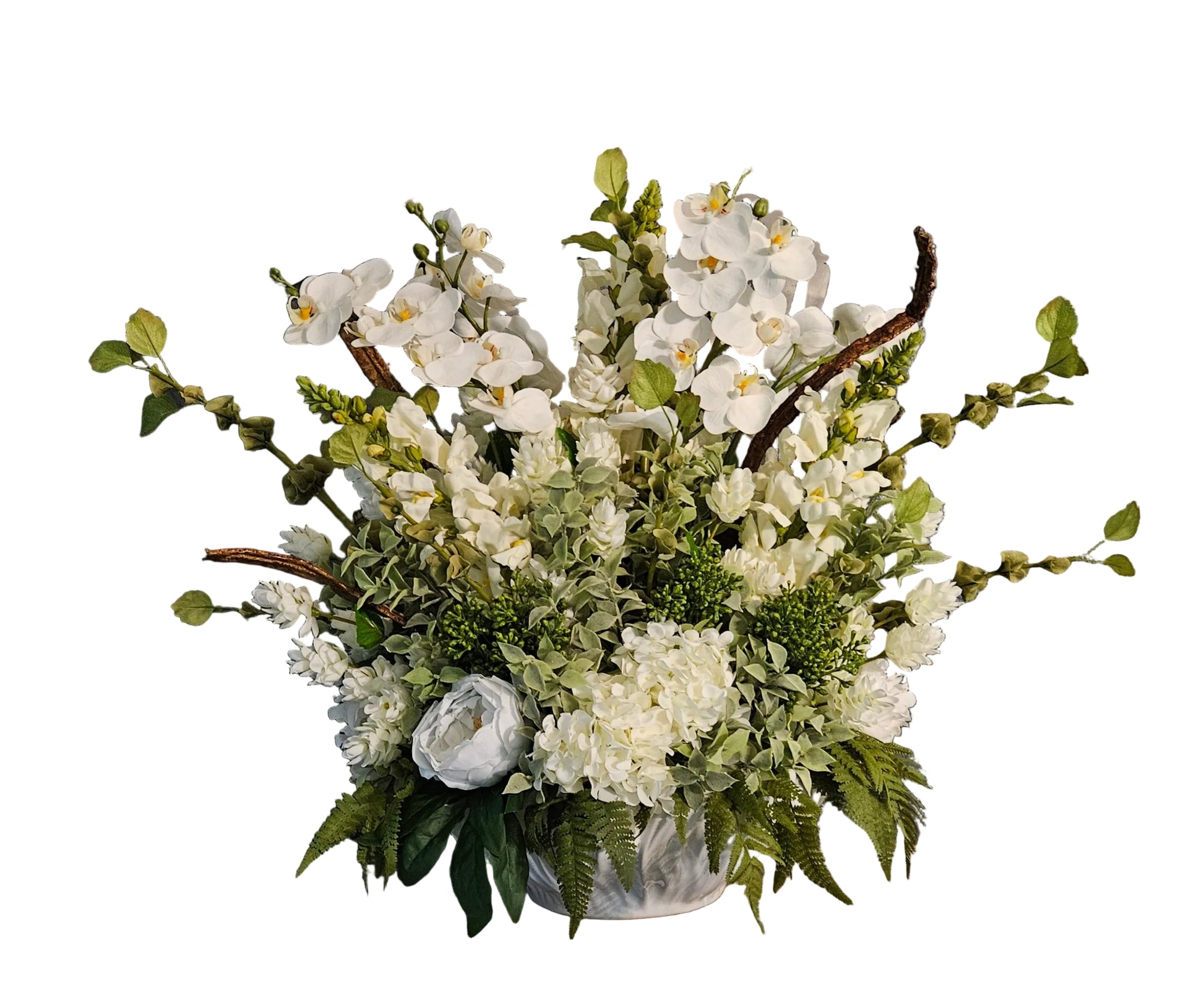 Floral arrangement with white flowers and green leaves on a white background