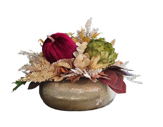 Fall Arrangement with Maroon Velvet Pumpkins