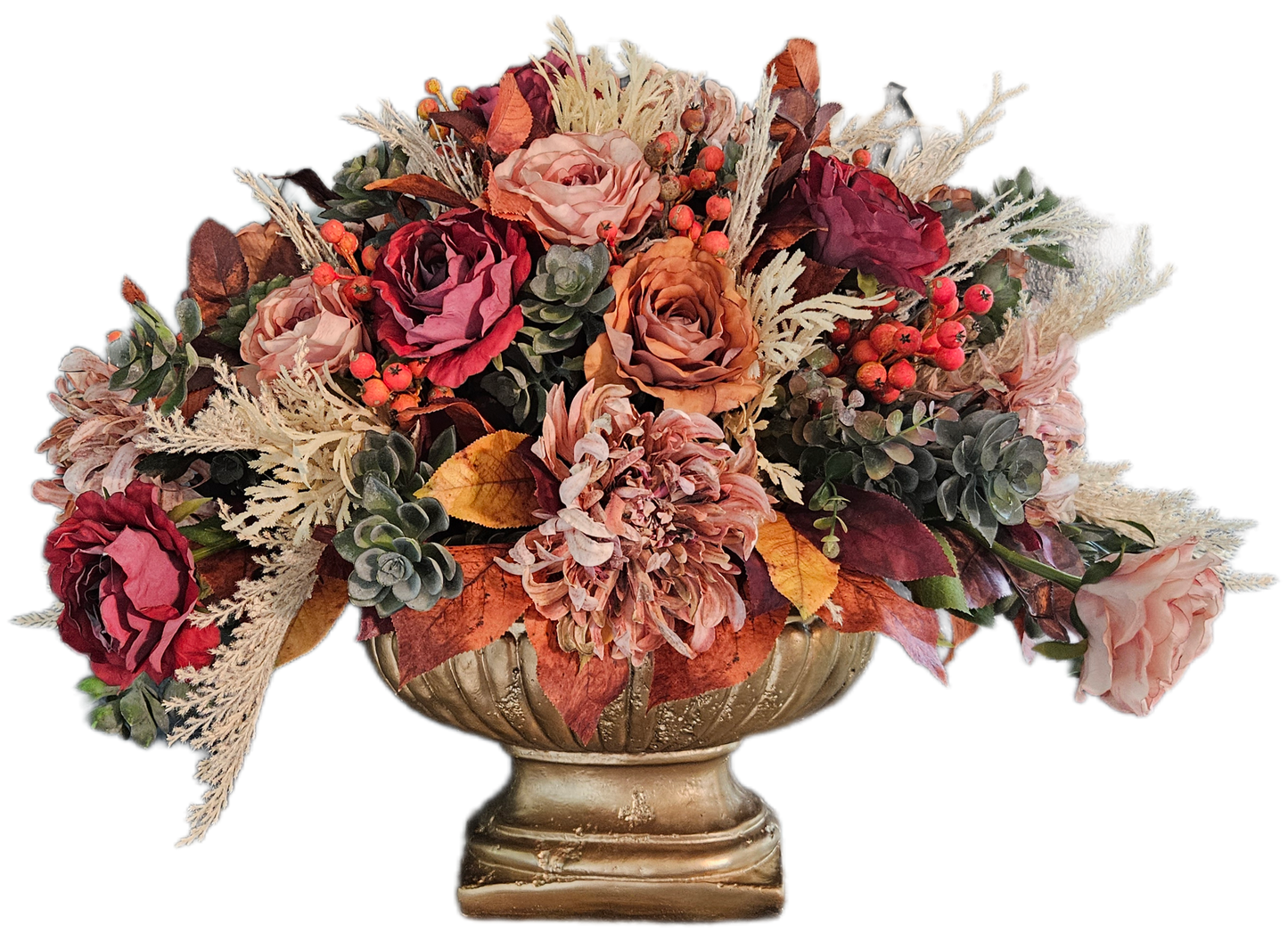 Large Fall Centerpiece In Gold Pedestal Container