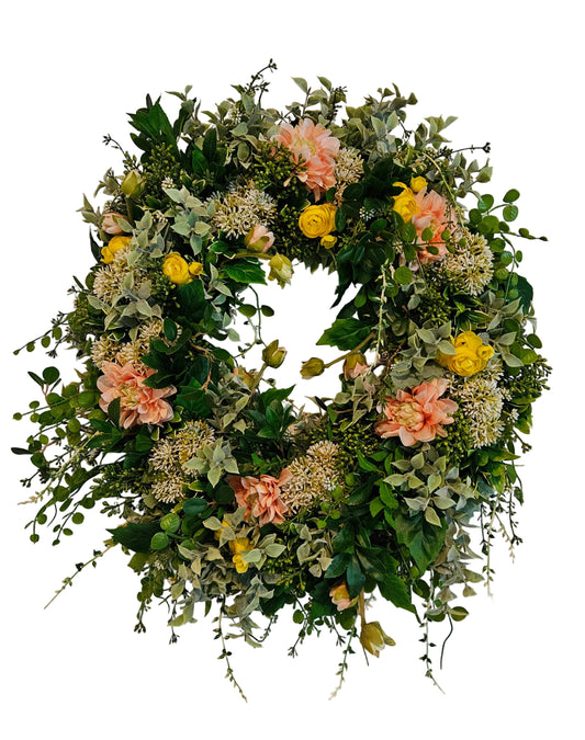 24" Wispy Wreath with Peach Dahlias