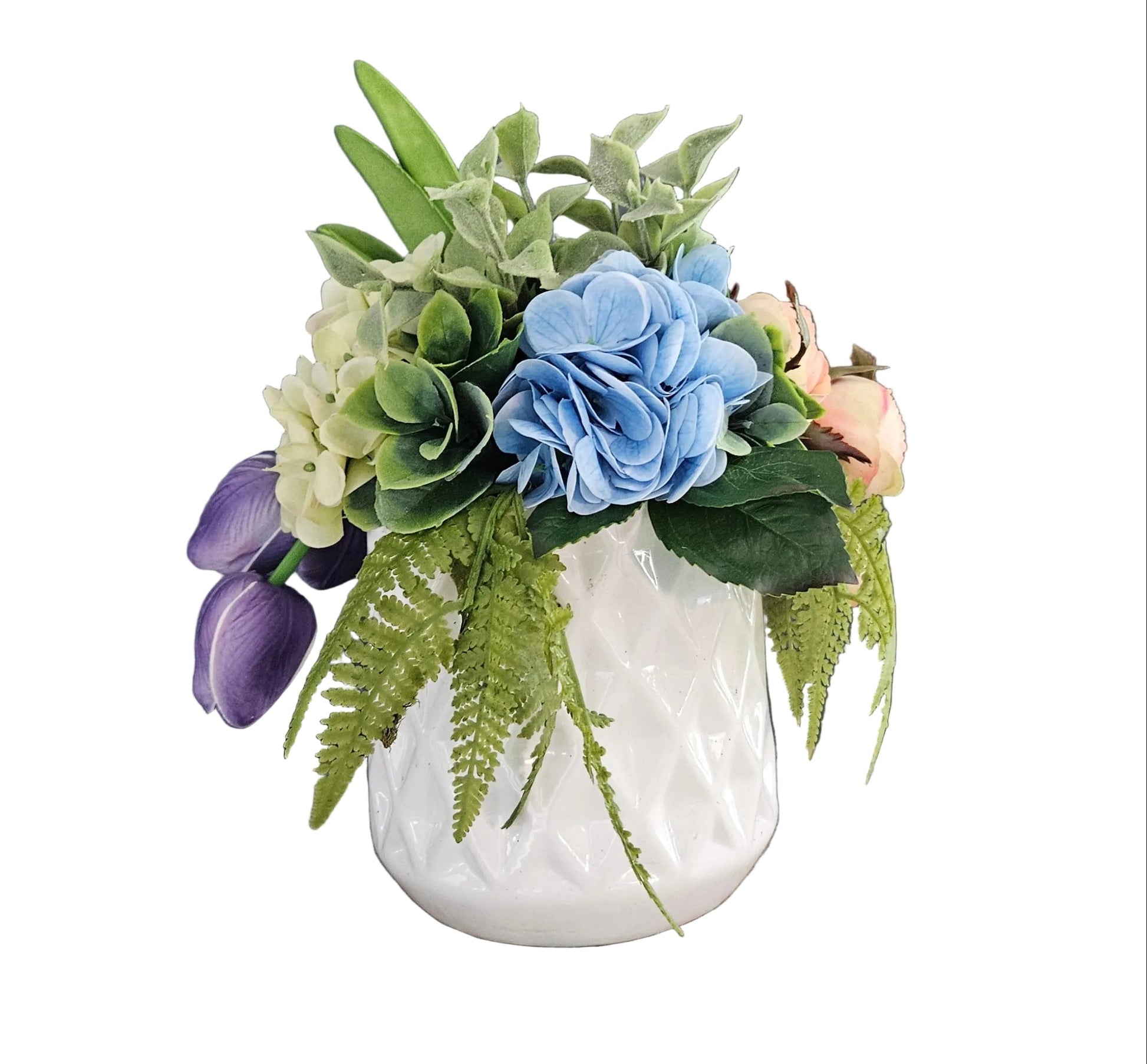 Real touch tulip, rose, and hydrangea arrangement in white ceramic container.