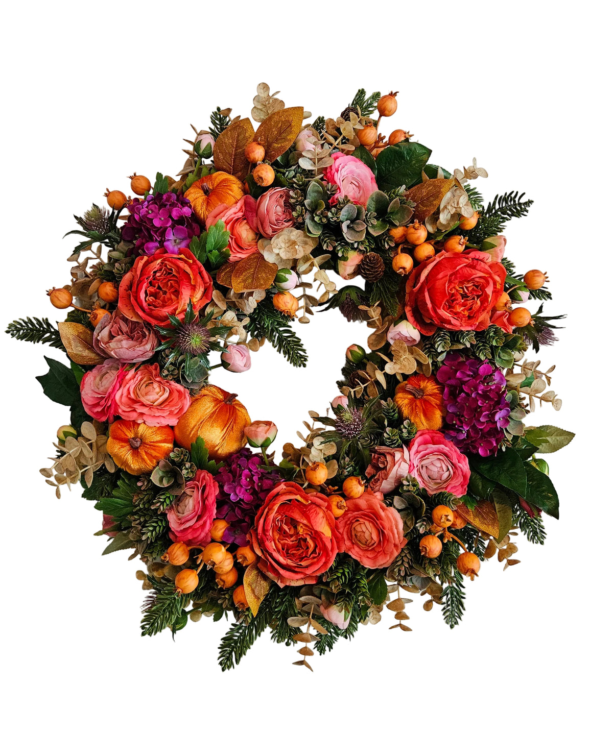 Colorful Fall Wreath With Velvet Pumpkins