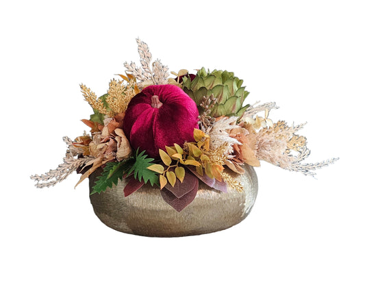 Fall Arrangement with Maroon Velvet Pumpkins
