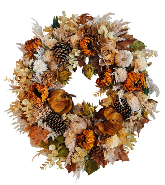 Fall Wreath with Pinecones and Velvet Pumpkins