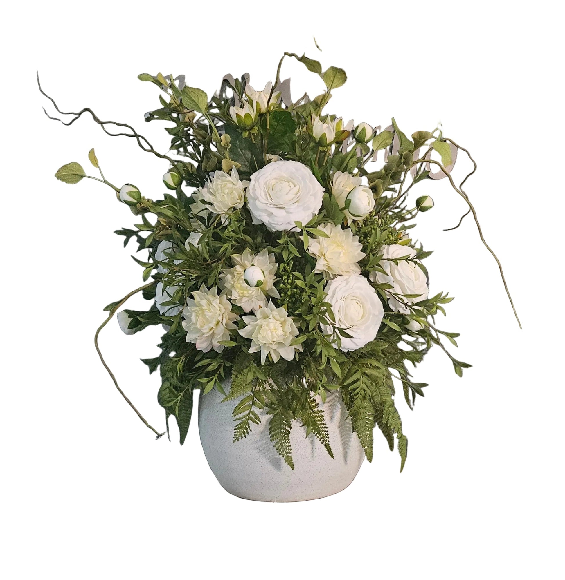 Bouquet of white flowers in a vase on a white background