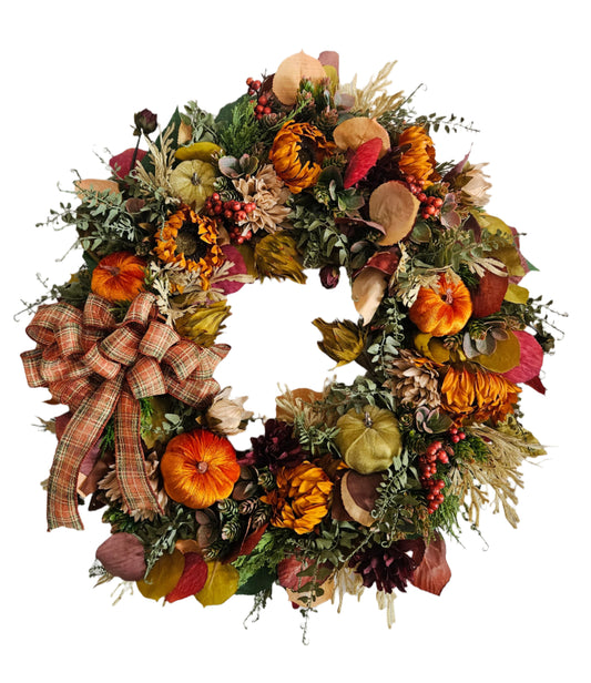 Fall Wreath with Pumpkins and Chrysanthemums