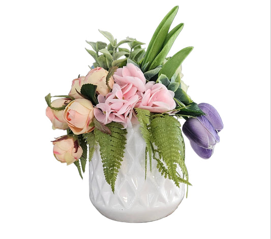 Real touch tulip, rose, and hydrangea arrangement in white ceramic container.