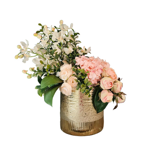 Asymmetrical Arrangement with Orchids and Hydrangeas