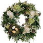 Spring wreath with eggs, hydrangeas, and real touch greenery.