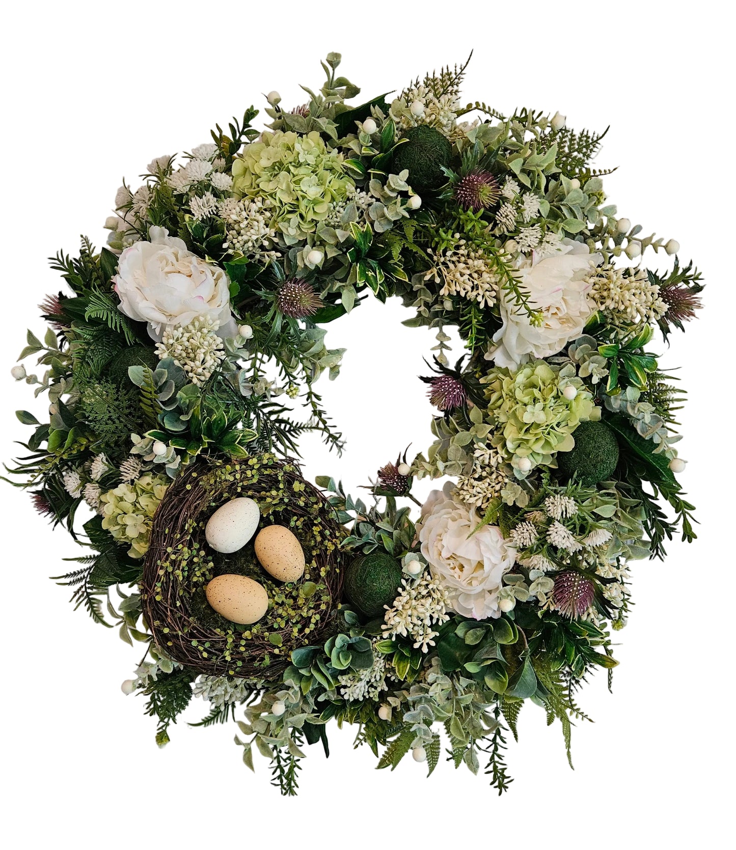 Spring wreath with eggs, hydrangeas, and real touch greenery.