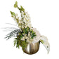 Decorative floral arrangement in a metallic pot with a motivational quote on a white background.