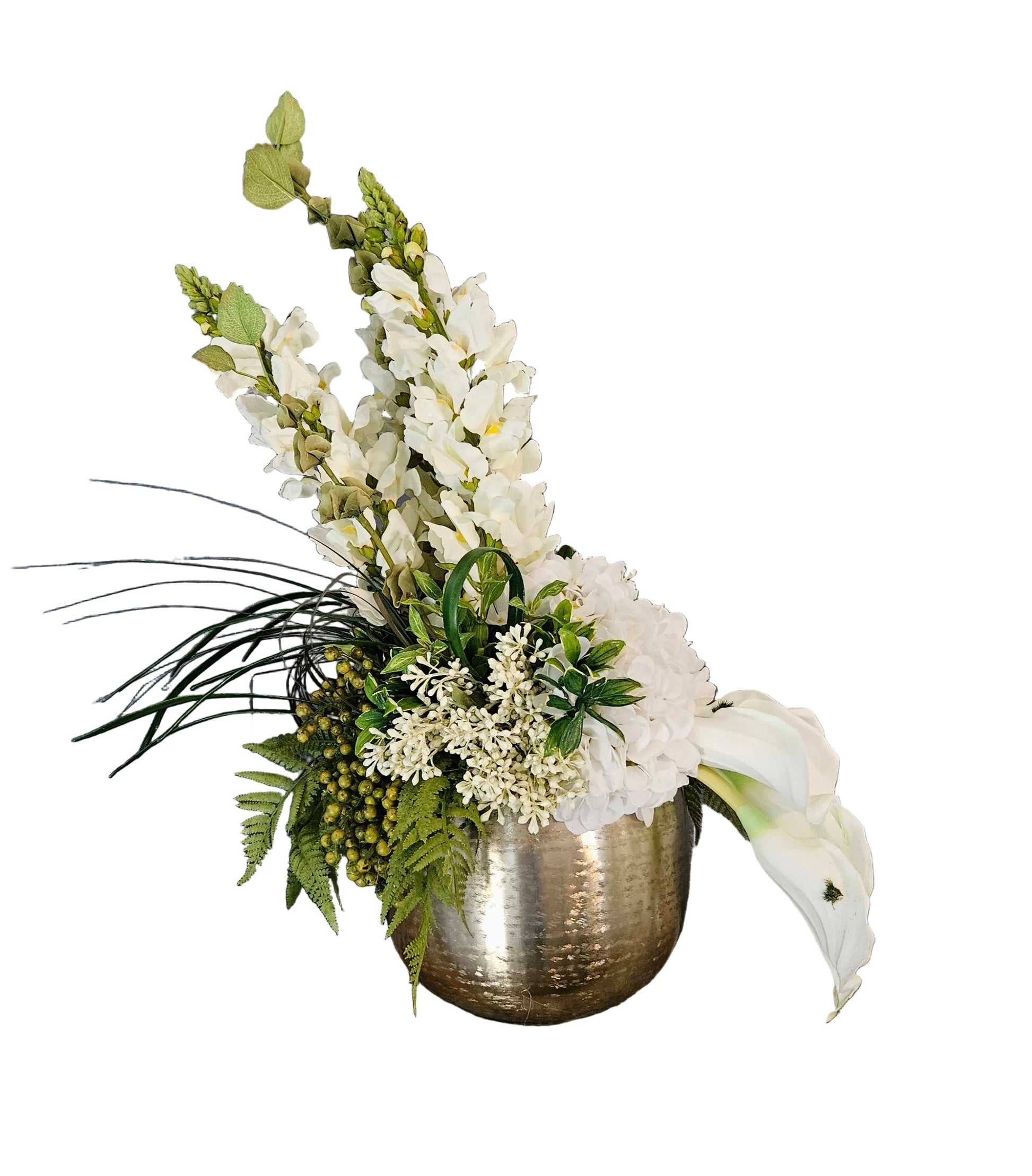 Decorative floral arrangement in a metallic pot with a motivational quote on a white background.