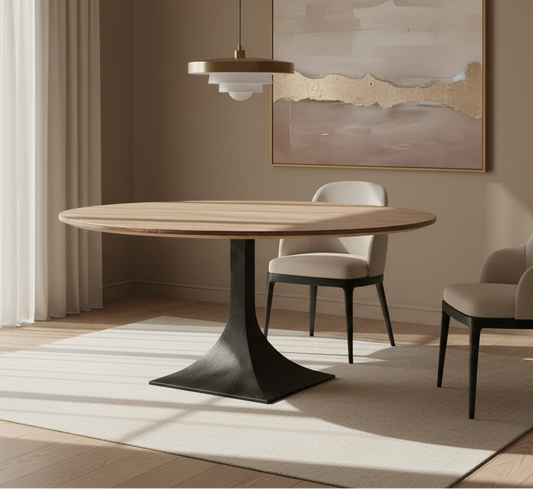 Dining room with a wooden table, chairs, and abstract art on the wall.