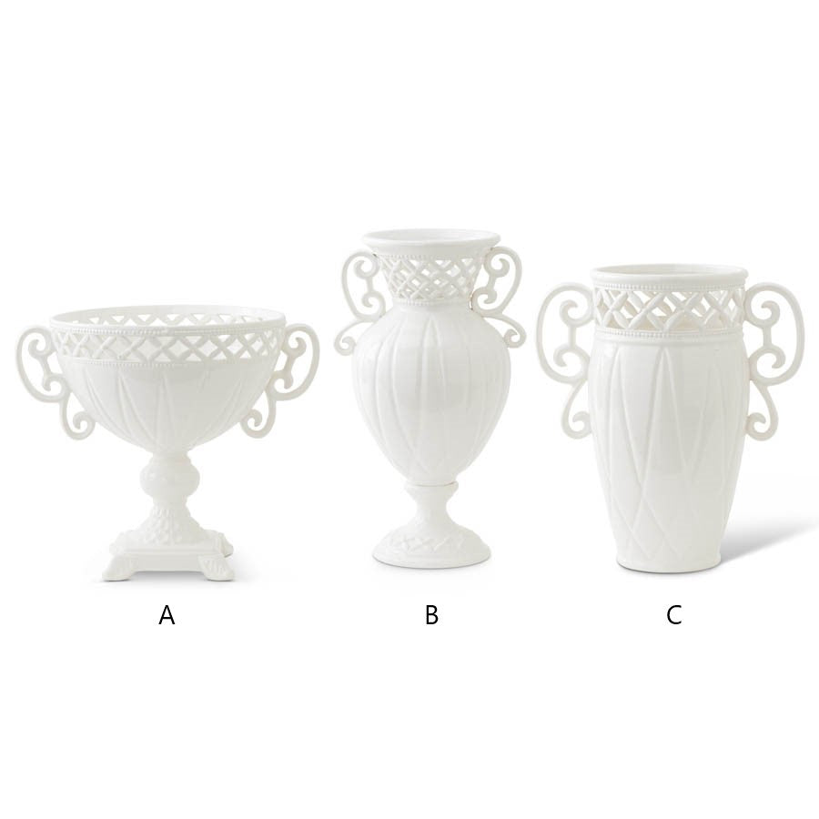 White Ceramic Vase with Ornate Rim (Various Styles)