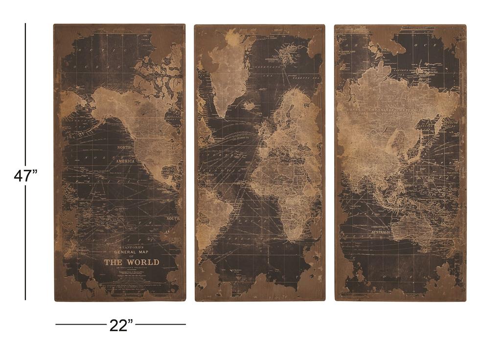 Vintage World Map Wall Panels, Set of 3