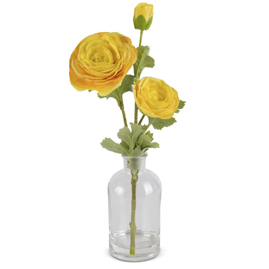 14" Real Touch Triple Bloom Ranunculus in Glass Bottle, Yellow