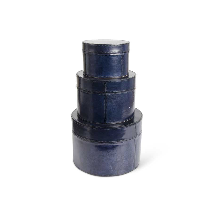 Round Royal Blue Lined Leather Box (Various Sizes)