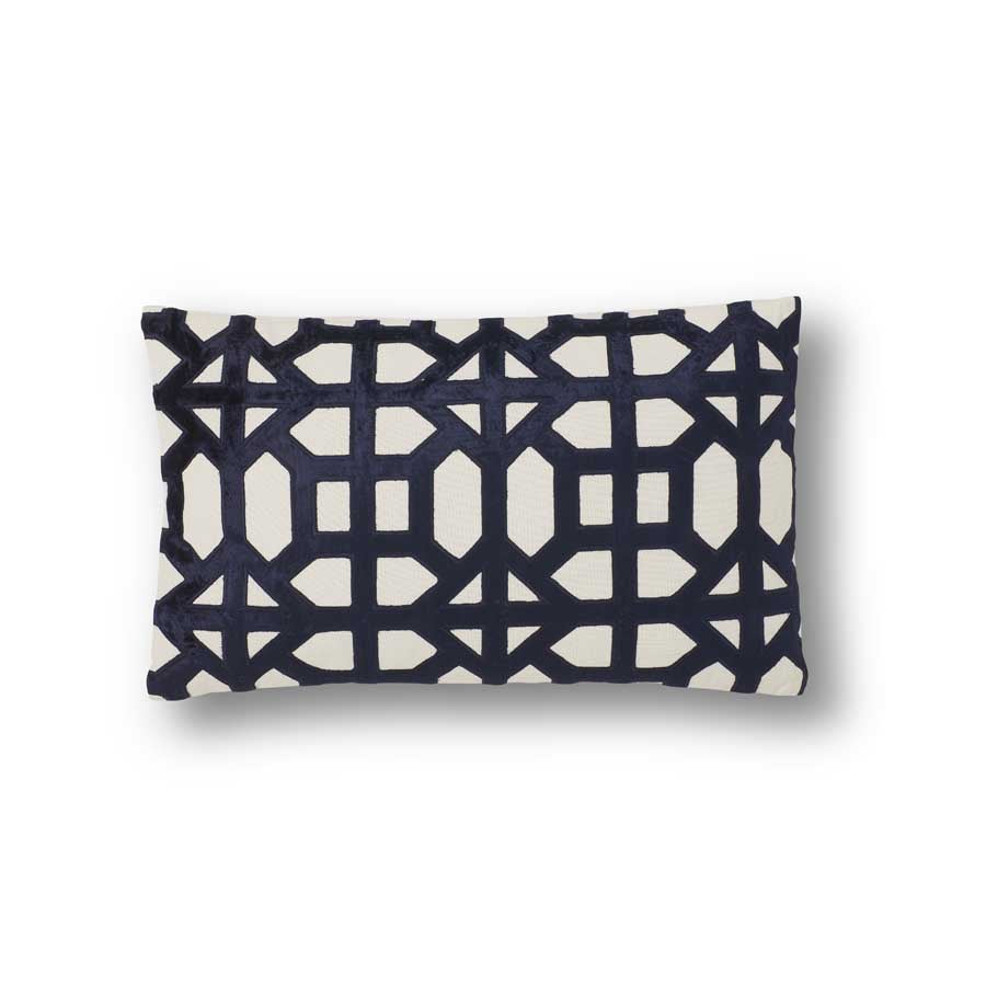 Royal Blue Velvet & Linen Pillow with Geometric Pattern