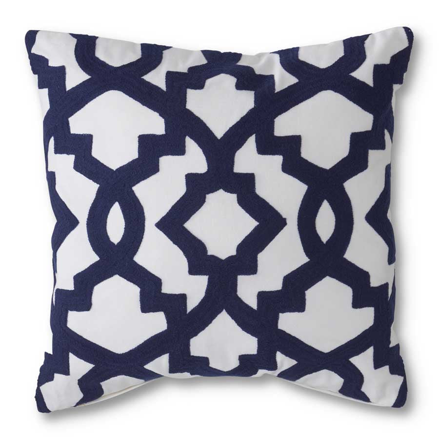 Square Knit White Pillow with Blue Geometric Interlocking Pattern