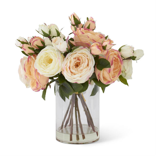 14" Pink & White Austin Rose Bundle in Glass Vase w/Faux Water