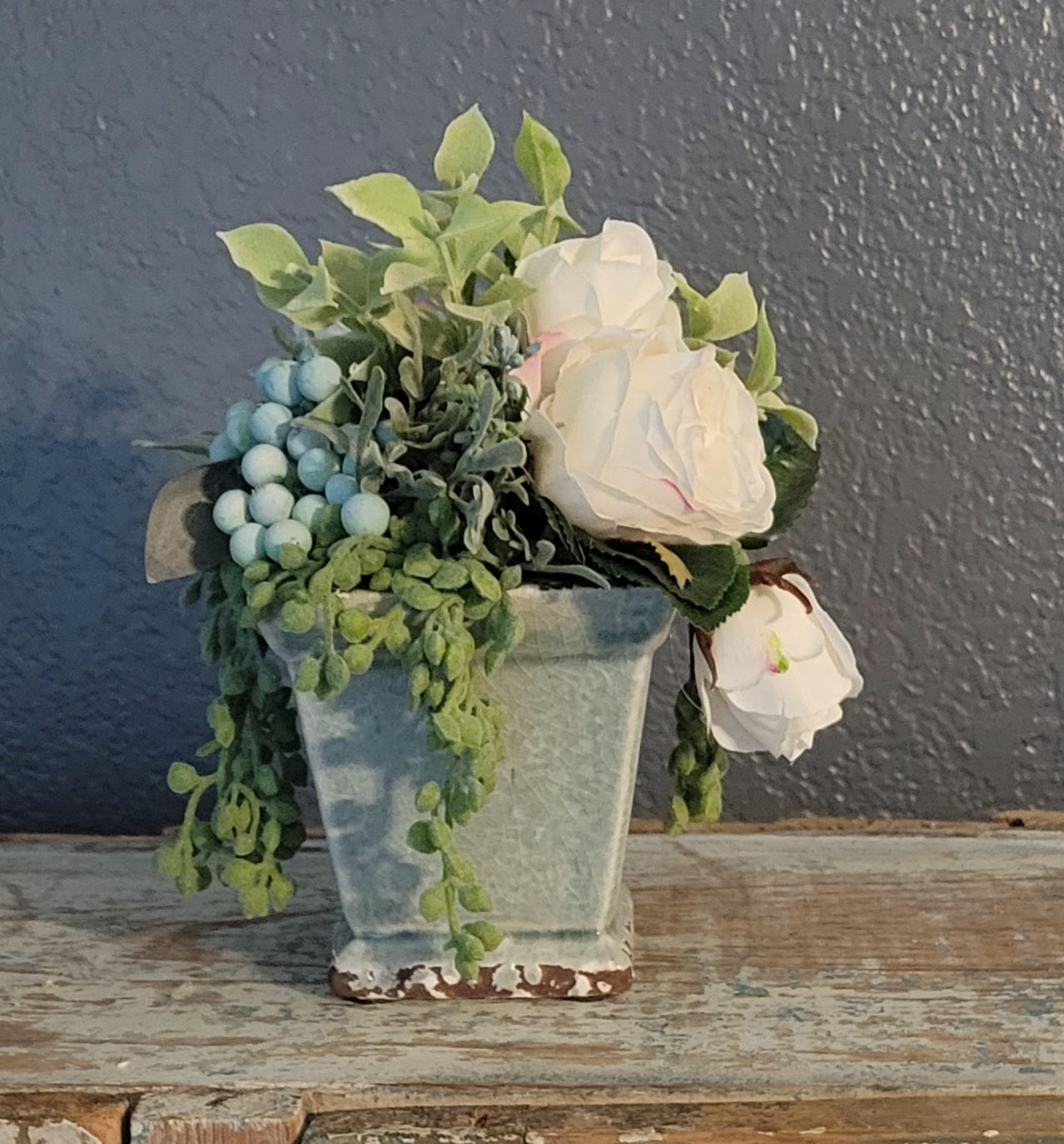 8" Tall Blue and Cream Floral