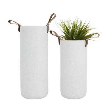 White Ceramic Vase with Leather Handles (Various Sizes)