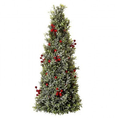 Frosted Red Berry Boxwood Cone Tree, Medium