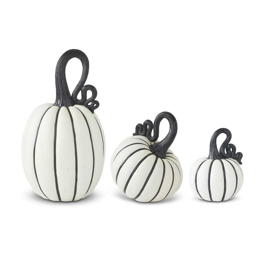White & Black Striped Resin Pumpkin with Curly Stems (Various Sizes)