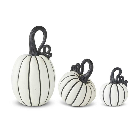 White & Black Striped Resin Pumpkin with Curly Stems (Various Sizes)