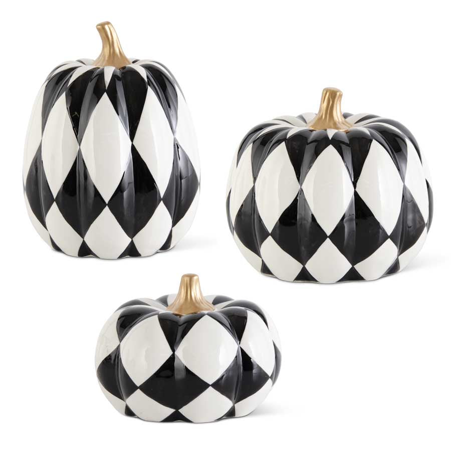 Ceramic Black & White Harlequin Pumpkin with Gold Stems (Various Sizes)
