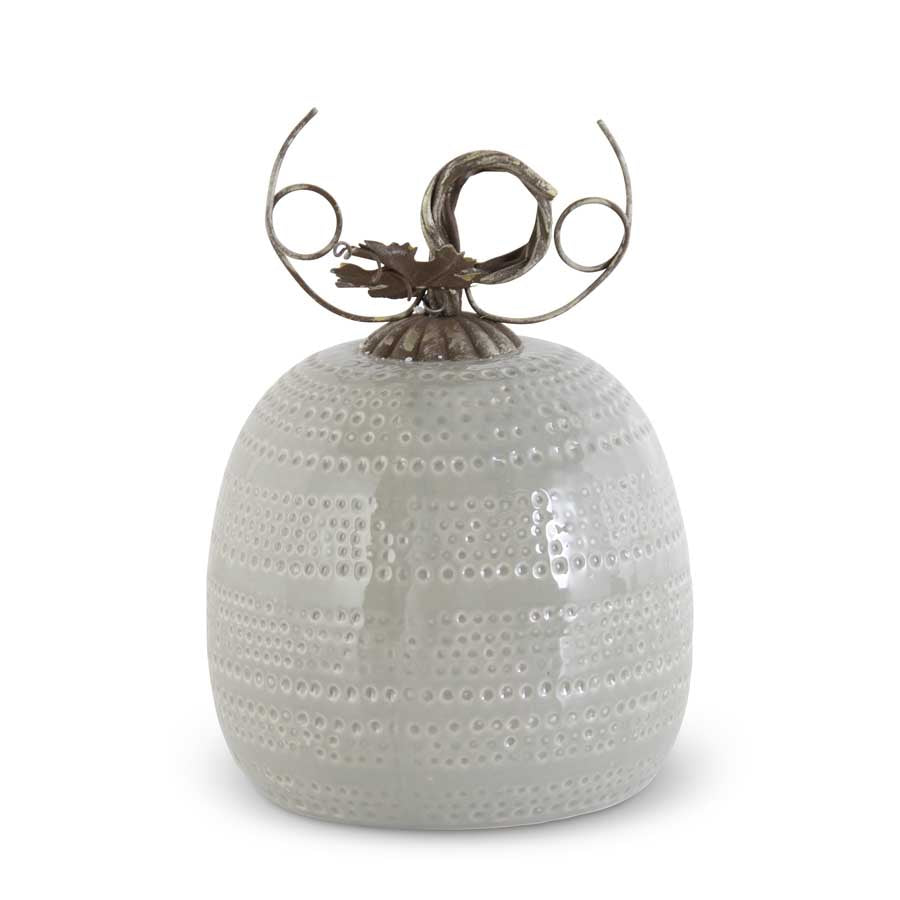 Ceramic Dot Etched Pumpkin with Metal Stem, Gray