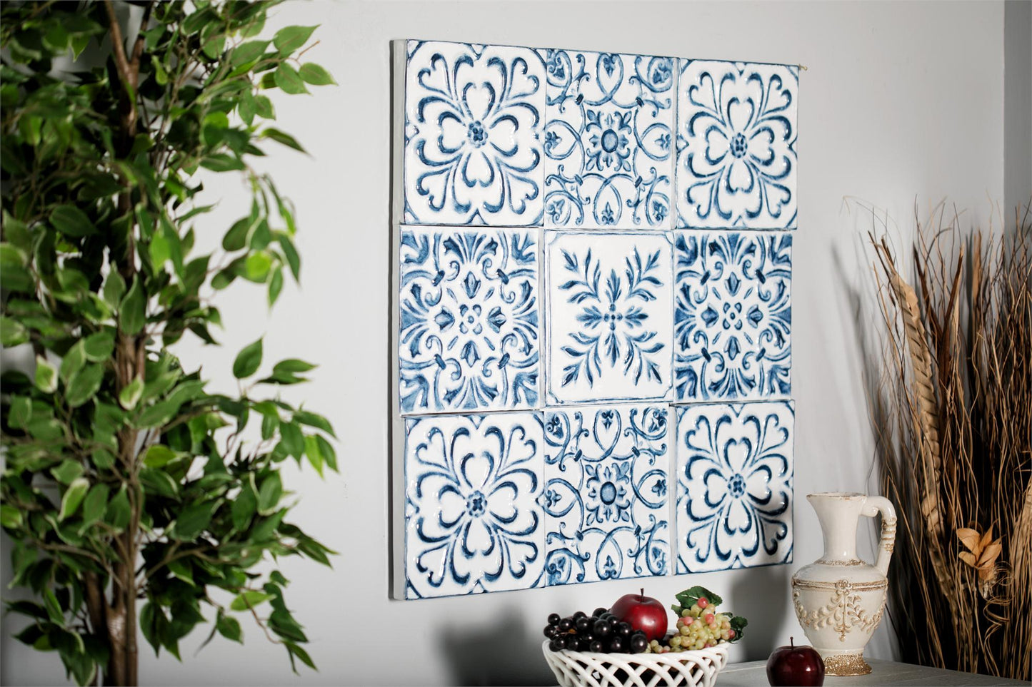 Metal Wall Art with Blue Floral Designs