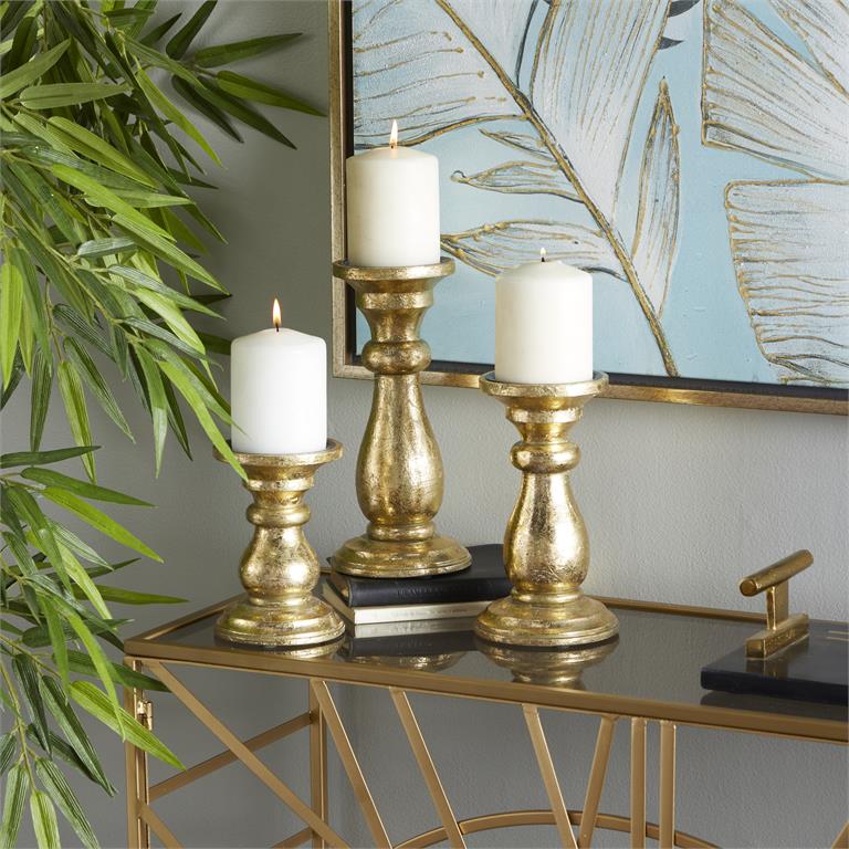 Gold Traditional Wooden Candleholders, Set of 3