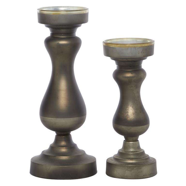 Modern Rounded Tempered Glass Candleholders with Oil Rubbed Bronze Finish, Set Of 2