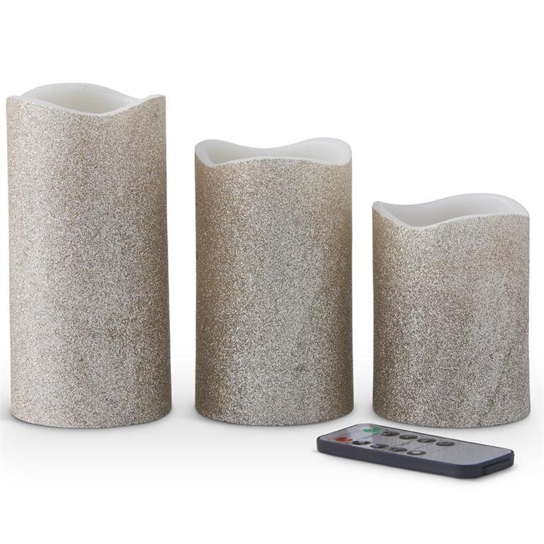 Champagne Glitter LED Wax Pillar Candles with Timer/Remote, Set of 3