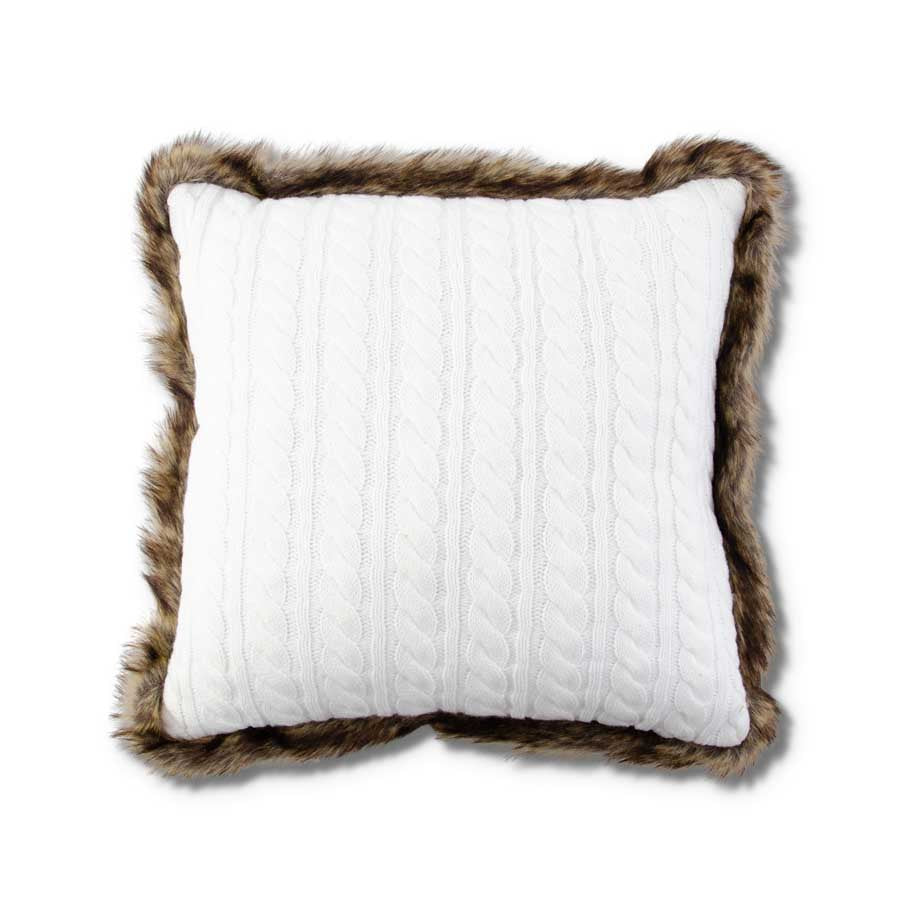 White Cable Knit Pillow with Brown Fur Trim (Various Styles)