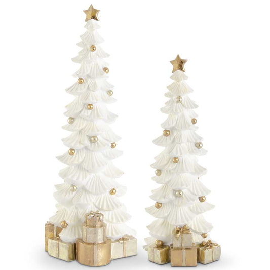 Set of 2, White Glittered Resin Tree with Gold Packages