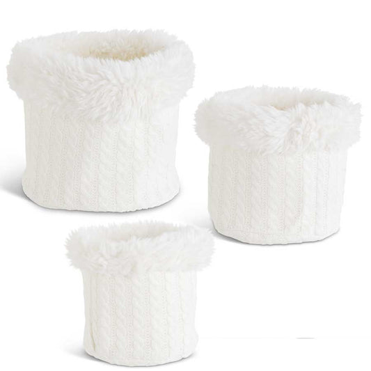 White Cable Knit Nesting Basket with Faux Fur Rim (Various Sizes)