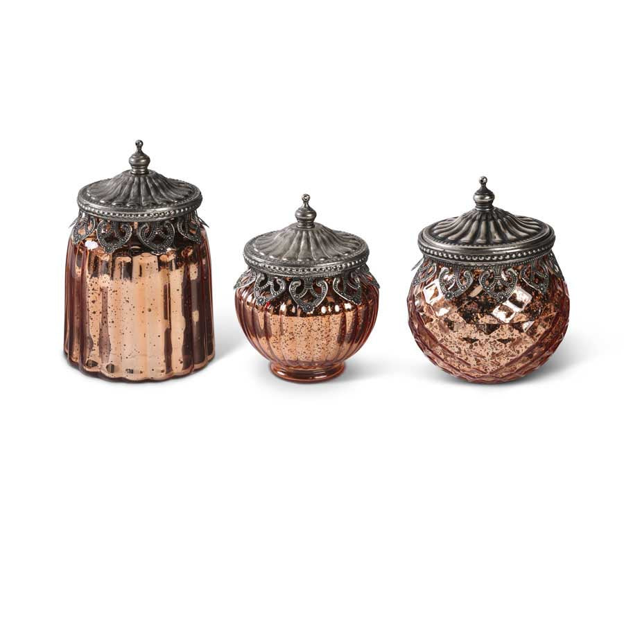 Copper Mercury Glass Lidded Jars, Set of 3