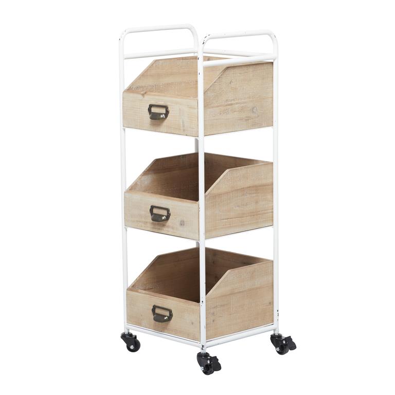Industrial Storage Cart, White and Wood