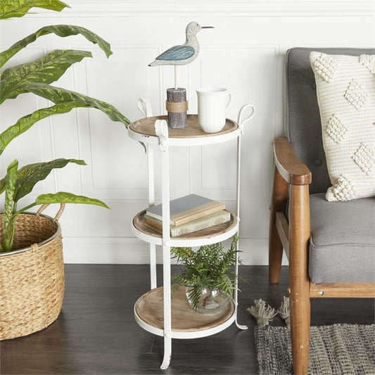 White Iron and Wood Round Accent Table