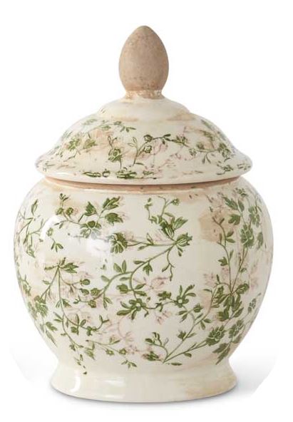 Cream & Green Floral Ceramic Lidded Container (Various Sizes)