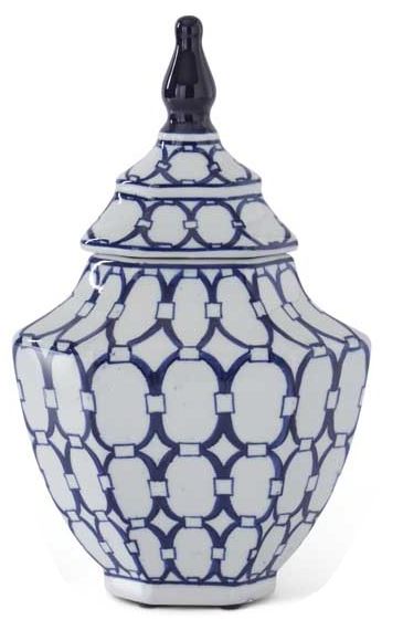White & Blue Oval Print Ornate Porcelain Lidded Container (Various Sizes)