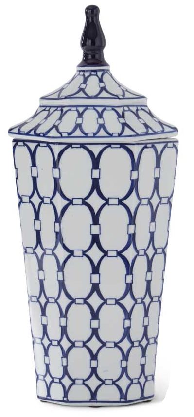 White & Blue Oval Print Ornate Porcelain Lidded Container (Various Sizes)