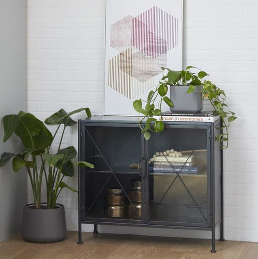 Black Metal Geometric Cabinet w/ Glass Doors