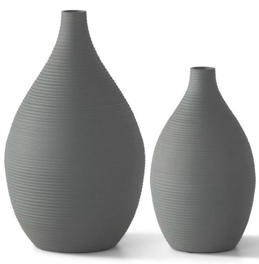Long Neck Ribbed Vases, Matte Gray (Various Sizes)