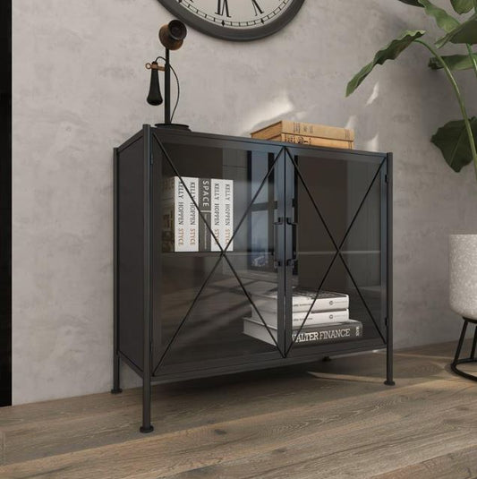 Black Metal Geometric Cabinet w/ Glass Doors