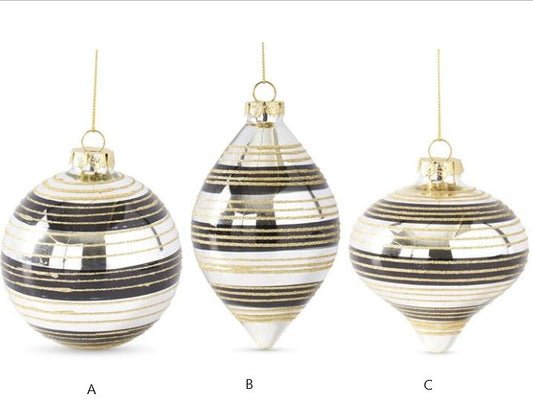 Black and Hold Glittered Stripe Mirrored Glass Ornament (Various Styles)